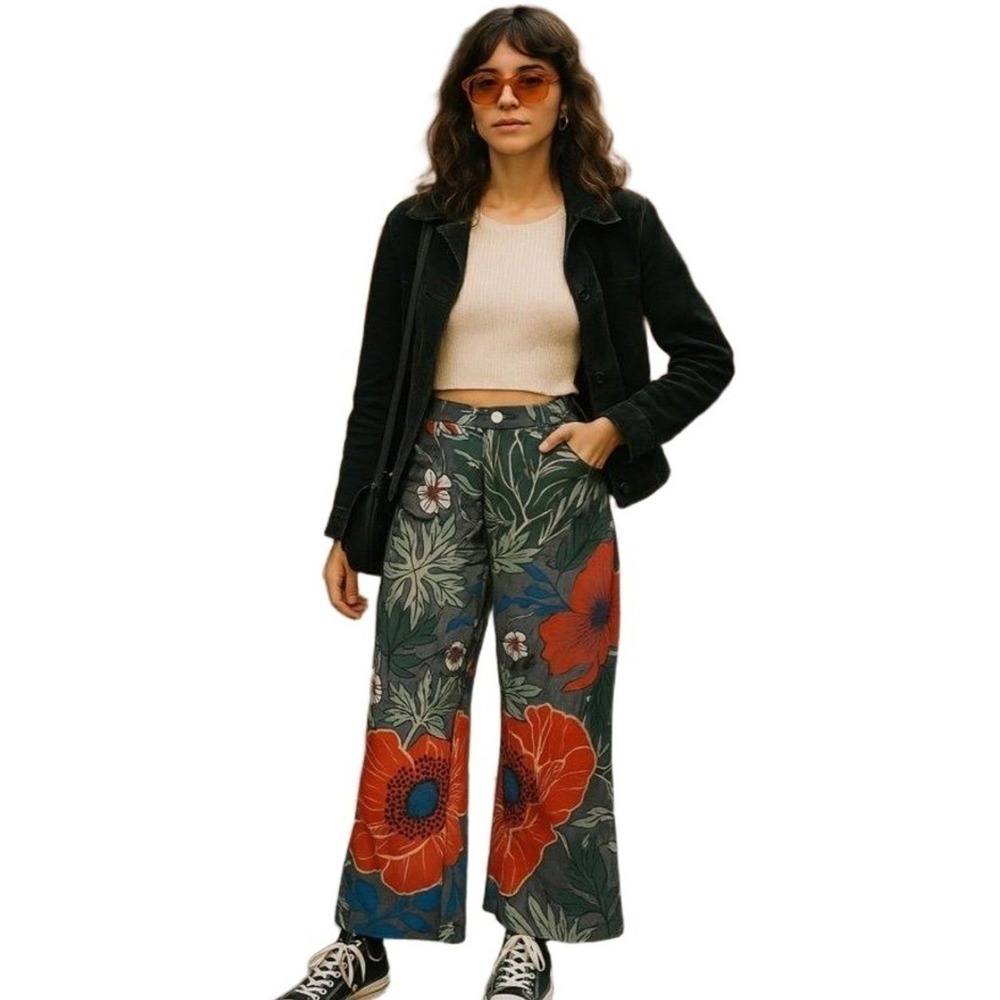 Vintage Inspired Pants Womens Medium Bold Floral Wide-Leg Pants Boho